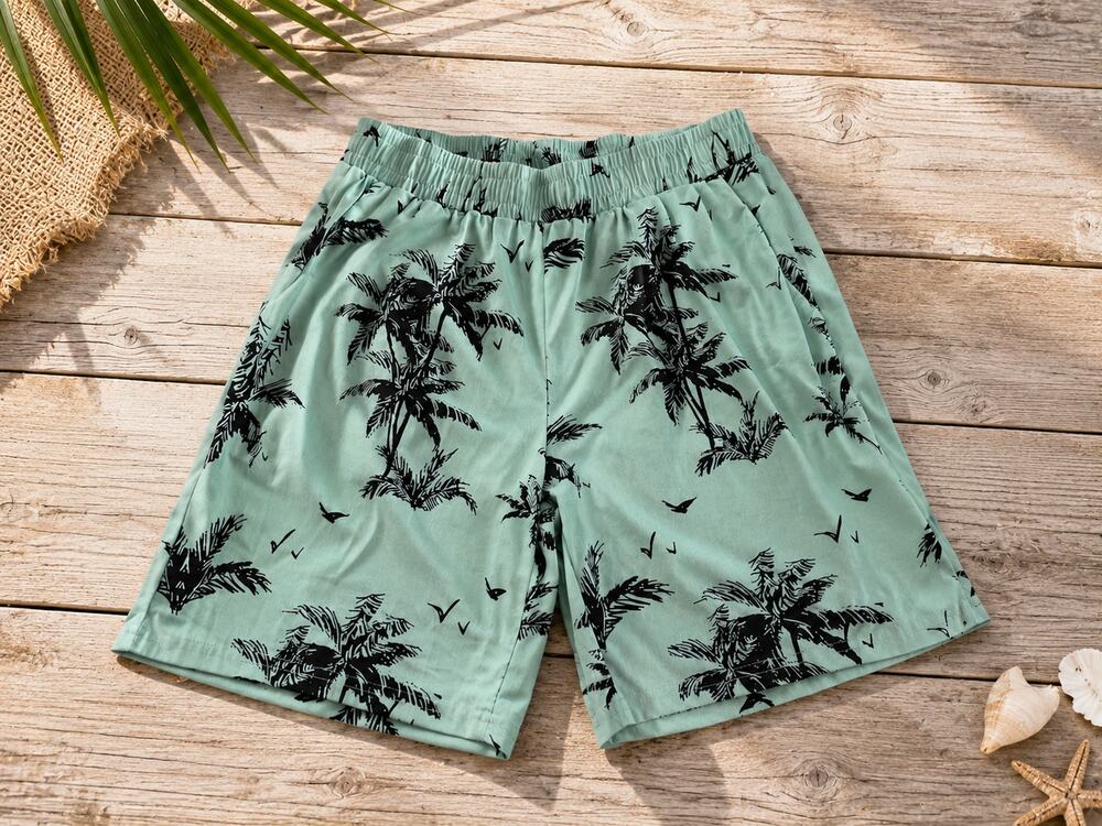MANFINITY Men’s Mint Green Palm Tree Shorts Tropical Beach Vacation Casual M